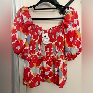Umgee Red Floral Smocked Blouse